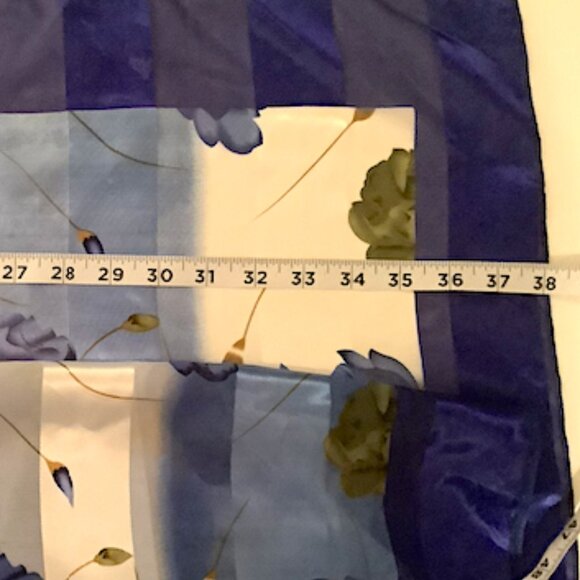 Blue and white floral scarf, 100% poly-acetate blend, 37.5 inches x 37 inches - Picture 8 of 9